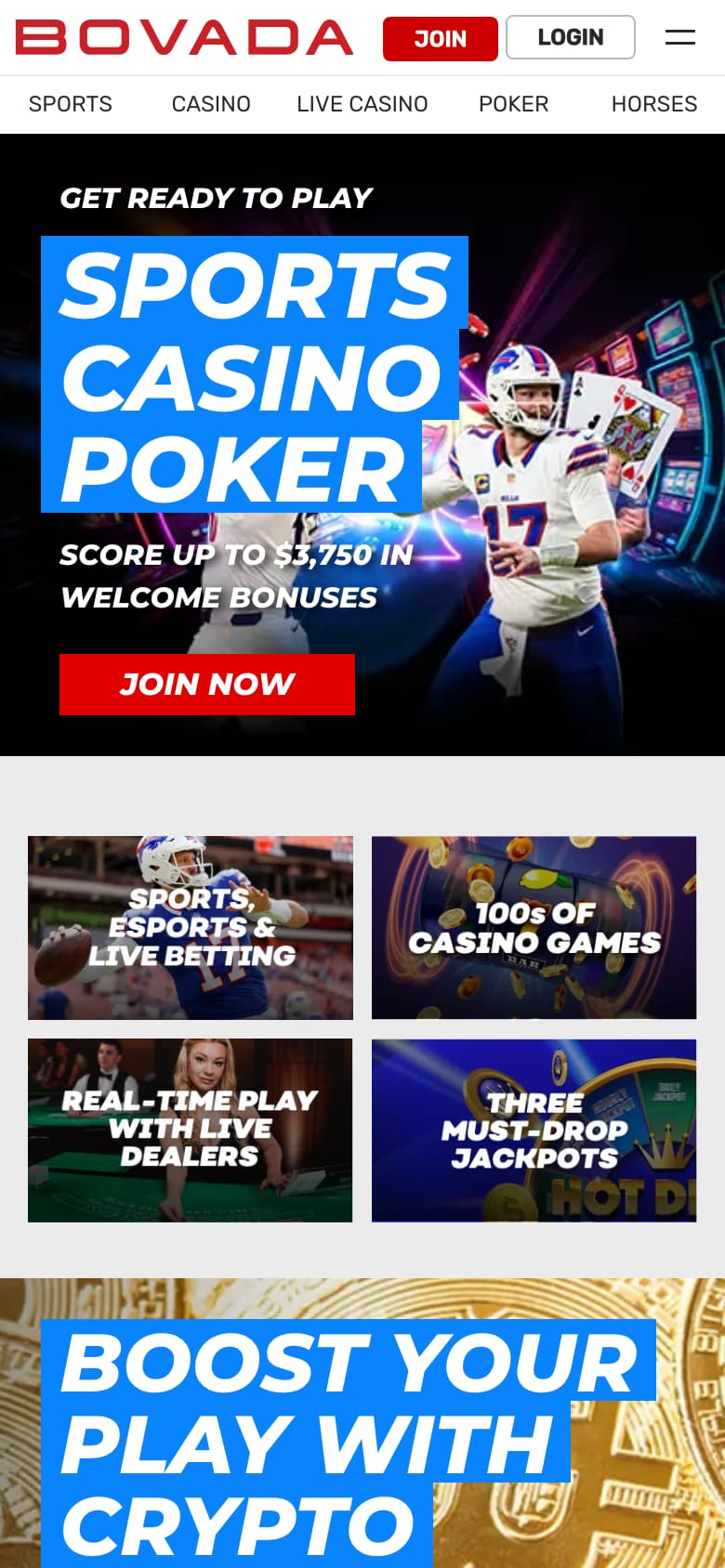 Bovada’s home page on a phone at 390 by 844 pixels