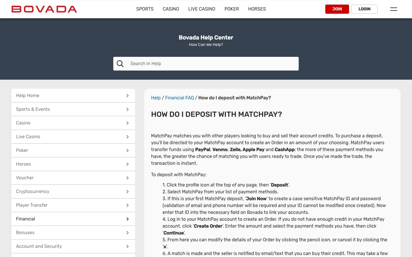 Bovada’s MatchPay deposit help page on a desktop browser at 1440 by 900 pixels