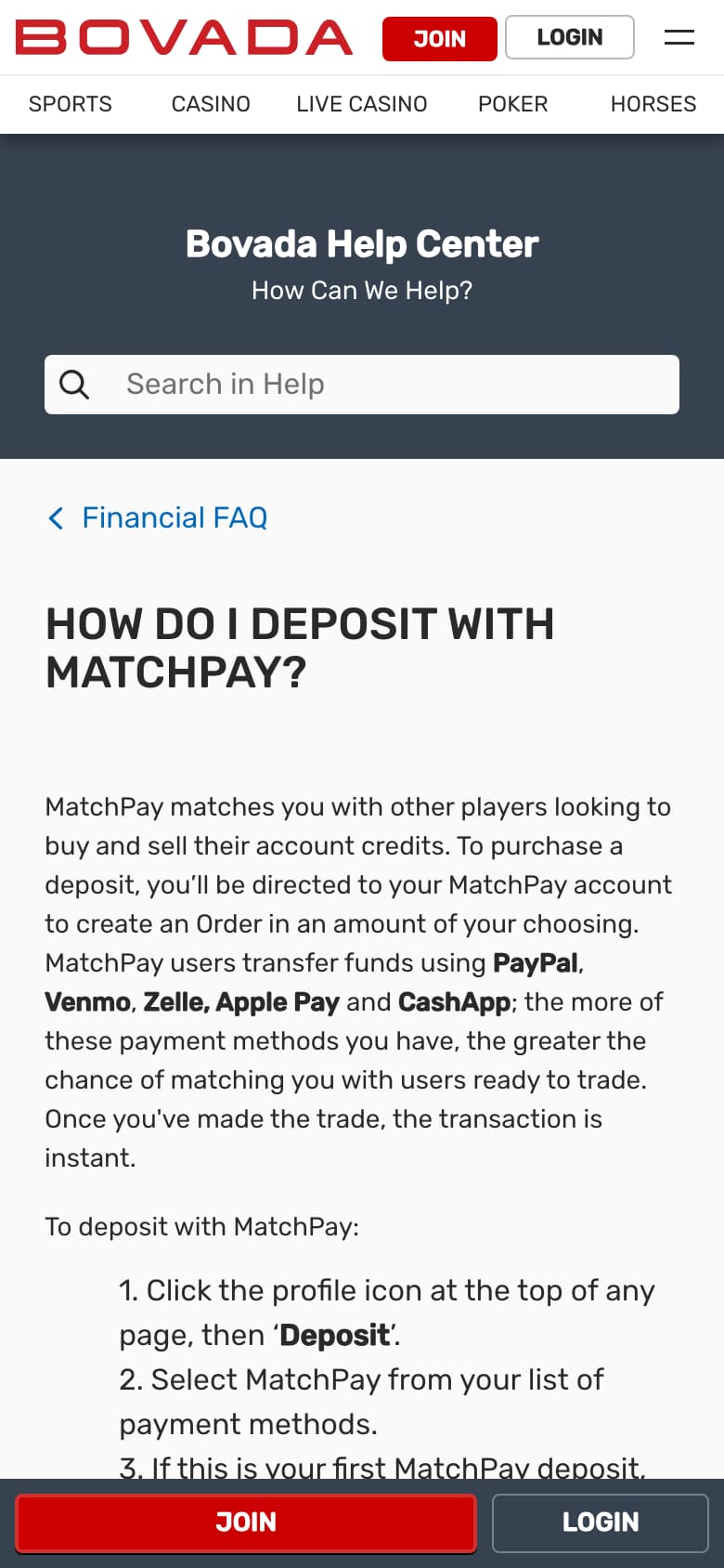 Bovada’s MatchPay deposit help page on a phone at 390 by 844 pixels