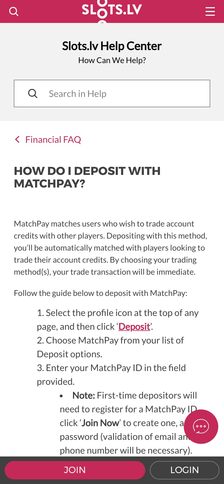 Slots.lv’s MatchPay deposit help page on a phone at 390 by 844 pixels
